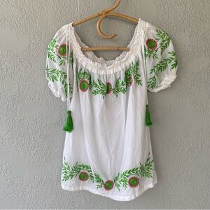 Gretchen Scott Designs Garden Party Tunic White Blouse with Green Embroidery
